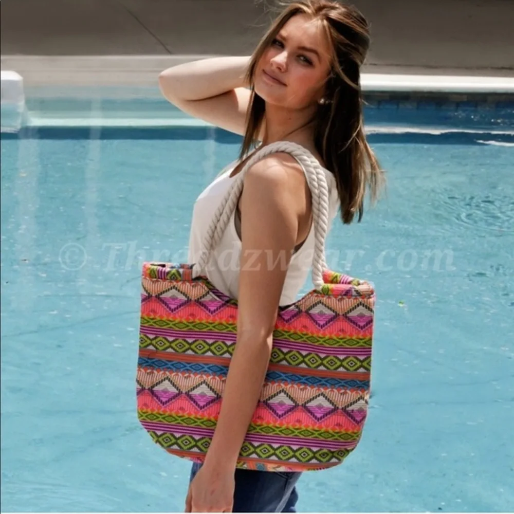 ❌SOLD in Bundle❌Aztec Southwestern Canvas Rope Handle Tote Beach Bag Summer NEW - Picture 3 of 7